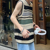 QDBAR Fashion Knitted Vest Y2k Streetwear Trend Hollow Sleeveless Top Men's Striped Contrast Color Loose Tank Tops Genderless Clothing