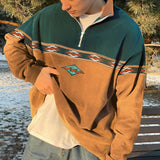 QDBAR England Retro Geometry Print Patchwork Youth Hoodie Zip Up Lapel Cashmere Sweater Autumn Winter Warm Loose Daily Sweatshirts Men