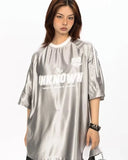 QDBAR American Style Metallic Silver T Shirts Men Women Patchwork Oversized Hip Hop Street Letter T-shirt Y2K Loose Harajuku Tee Tops