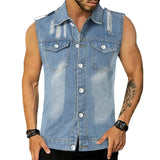 QDBAR Fashion Mens Denim Vest Shirts Spring Summer Casual Lapel Button Sleeveless Shirt Men Streetwear Vintage Ripped Denim Tank Tops