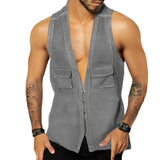 QDBAR Vintage Zip-up V Neck Jean Vest Men Streetwear Sexy Sleeveless Slim Denim Shirts Mens Summer Fashion Patchwork Pockets Tank Tops