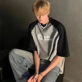 QDBAR Trendy brand Korean splicing plug-in short-sleeved T-shirt men's summer design niche silver diamond design letter print y2k top