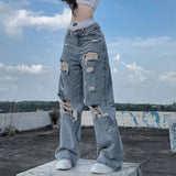 QDBAR Streetwear Straight Pants Ladies Ripped Jeans Mid Waist Loose Wide Leg Pants Ladies Jeans Y2K Summer High Street  Cargo Pants