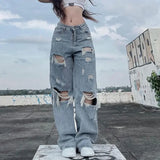 QDBAR Streetwear Straight Pants Ladies Ripped Jeans Mid Waist Loose Wide Leg Pants Ladies Jeans Y2K Summer High Street  Cargo Pants