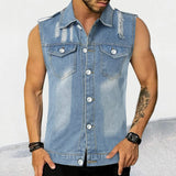 QDBAR Fashion Mens Denim Vest Shirts Spring Summer Casual Lapel Button Sleeveless Shirt Men Streetwear Vintage Ripped Denim Tank Tops