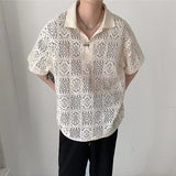 QDBAR Vintage Button Lapel Men Shirts Fashion Hollow Out Jacquard Loose Shirt Tops 2023 Spring Summer Casual Clothes Mens Streetwear