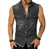 QDBAR 2024 Spring Summer Casual Jean Vest Tops Men Fashion Sleeveless Buttoned Lapel Denim Tank Tops Streetwear Mens Denim Vest Shirts