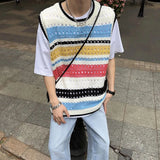 QDBAR Fashion Knitted Vest Y2k Streetwear Trend Hollow Sleeveless Top Men's Striped Contrast Color Loose Tank Tops Genderless Clothing