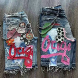 QDBAR Graffiti flower patch printed washed distressed denim shorts hip-hop loose raw edges personalized niche wide-leg mid-pants