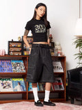 QDBAR American retro loose oversized workwear denim shorts women embroidered summer sports wide leg hiphop cropped pants y2k pants