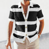 QDBAR Casual Mens Knitted Shirts 2023 Spring Summer Loose Short Sleeve Buttoned Lapel Knit Cardigans Men Clothes Vintage Striped Shirt