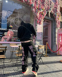 QDBAR Harajuku Hip-hop Street Print Jeans Y2k  Trend Letter Black Pants Men 2023 Fashion Baggy Straight Wide Leg Trousers Streetwear