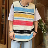 QDBAR Fashion Knitted Vest Y2k Streetwear Trend Hollow Sleeveless Top Men's Striped Contrast Color Loose Tank Tops Genderless Clothing