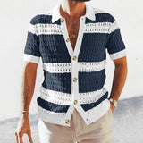 QDBAR Casual Mens Knitted Shirts 2023 Spring Summer Loose Short Sleeve Buttoned Lapel Knit Cardigans Men Clothes Vintage Striped Shirt