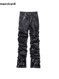 Mauroicardi Autumn Long Ruched Black Pu Leather Stacked Pants Men Dark Academia Vintage Clothes Steampunk Trousers Streetwear