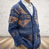 QDBAR Retro Geometric Jacquard Knit Jackets Men Sweater Casual Turn-down Collar Button Cardigans Knitwear Mens Fashion Sweaters Coats