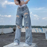 QDBAR Streetwear Straight Pants Ladies Ripped Jeans Mid Waist Loose Wide Leg Pants Ladies Jeans Y2K Summer High Street  Cargo Pants