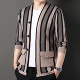 QDBAR Autumn New Cardigan Men Fashion Striped Sweaters Coat Mens Casual Knitted Carigan Slim Sweater Korean Knitted Mens Clothing