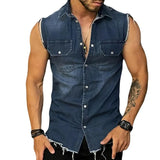 QDBAR 2024 Spring Summer Casual Jean Vest Tops Men Fashion Sleeveless Buttoned Lapel Denim Tank Tops Streetwear Mens Denim Vest Shirts