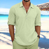 QDBAR Beach Casual Breathable Mens Polo Shirt Summer Leisure Loose Long Sleeve Polo Collar T-shirt For Men Vintage Solid Color Tops