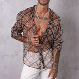 QDBAR Fashion Pattern Printing Mens Shirt Sexy See Through Mesh Thin Shirts Long Sleeve Button-up Turn-down Collar Casual Cardigan Men