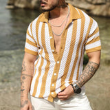 QDBAR Knitted Shirts Mens Fashion Hollow Out Breathable Beach Cardigan Shirt Short Sleeve Mens Summer Button Lapel Casual Knit Shirts