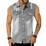 QDBAR Fashion Mens Denim Vest Shirts Spring Summer Casual Lapel Button Sleeveless Shirt Men Streetwear Vintage Ripped Denim Tank Tops