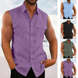 QDBAR Leisure Men's Cotton Linen Tank Tops 2023 Spring Summer Casual Solid Color Buttoned Lapel Sleeveless Vest Shirt Fashion Camisole