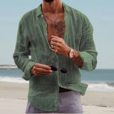 QDBAR Autumn New Men Plain Cotton And Linen-Blend Loose Lapels Long-Sleeved Casual Cardigan Beach Shirt