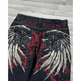 QDBAR Retro Gothic Angel Wings Embroidered Denim Shorts Y2K Harajuku Hip Hop Baggy Gym Shorts Punk Wide Leg Jorts Street Men Clothing