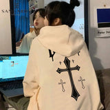 QDBAR 2024 Fall Fashion Oversized Retro Cross Letter Printing Sweatshirts Women Loose Casual Hoodies Couple Grunge Punk Pullover Jackets Y2k Clothes