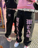 QDBAR Harajuku Hip-hop Street Print Jeans Y2k  Trend Letter Black Pants Men 2023 Fashion Baggy Straight Wide Leg Trousers Streetwear