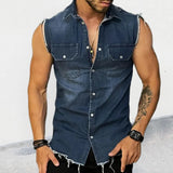 QDBAR 2024 Spring Summer Casual Jean Vest Tops Men Fashion Sleeveless Buttoned Lapel Denim Tank Tops Streetwear Mens Denim Vest Shirts