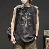 QDBAR  Denim Wash Sleeveless T-Shirt 2024 Summer Tank Tops Harajuku Streetwear Gothic Vintage Black Punk Loose Oversized Tank Top Vest