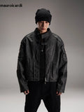 QDBAR Spring Autumn Cool Handsome Vintage Short Distressed Black Faux Leather Racer Jacket Men Shoulder Pads