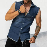 QDBAR 2024 Spring Summer Casual Jean Vest Tops Men Fashion Sleeveless Buttoned Lapel Denim Tank Tops Streetwear Mens Denim Vest Shirts