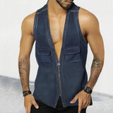 QDBAR Vintage Zip-up V Neck Jean Vest Men Streetwear Sexy Sleeveless Slim Denim Shirts Mens Summer Fashion Patchwork Pockets Tank Tops