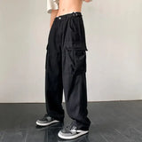 QDBAR Women Casual Joggers Baggy Trousers Y2K Wide Leg Sweatpants Streetwear Cargo Pants Tech Pants Vintage Solid Low Waist Drawstring