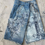 QDBAR Gothic Trend New Hand-painted Cross Printed Short Jeans Men's Loose Straight Five-point Jeans Street Hip-hop Rap Y2K Shorts