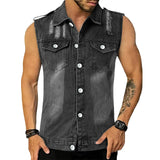 QDBAR Fashion Mens Denim Vest Shirts Spring Summer Casual Lapel Button Sleeveless Shirt Men Streetwear Vintage Ripped Denim Tank Tops