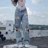 QDBAR Streetwear Straight Pants Ladies Ripped Jeans Mid Waist Loose Wide Leg Pants Ladies Jeans Y2K Summer High Street  Cargo Pants