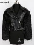 QDBAR Winter Short Thickened Warm Soft Fluffy Black Patchwork Pu Leather Biker Jacket with Faux Fur Inside and Sleeves