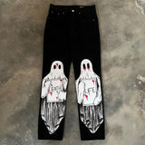 QDBAR 90s Streetwear Ghost Graphic Jeans Printed Oversized Harajuku Gothic Y2k Black Jeans Men and Women Casual Straight Pants New Style Hot Sale