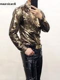 QDBAR Spring Autumn Cool Sexy Fitted Shiny Stretchy Colorful Snake Print Faux Leather Shirt Jacket Men Emo Clothes 2025