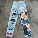 QDBAR Harajuku y2k baggy jeans blue eyes white dragon print wide leg denim pants popular anime jeans streetwear trouser men clothing