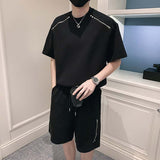 QDBAR Zip Trim Short Sleeves Shorts Casual Two-Piece Suits