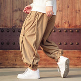 QDBAR Vintage Buckle Trim Waffle Casual Harem Pants