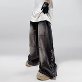 QDBAR 90s Streetwear American Style Oversized Pocket Retro Baggy Jeans Men Y2k Hip Hop Punk Wide Leg Straight Overalls Black Denim Pants Streetwear