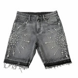 QDBAR Streetwear Rhinestone Rivet Denim Shorts Harajuku Hip Hop Cross Diamond Light Blue Shorts Gothic Casual Fashion Pants Men Women