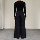 QDBAR Dark Plush Patchwork Denim Wide-leg Pants